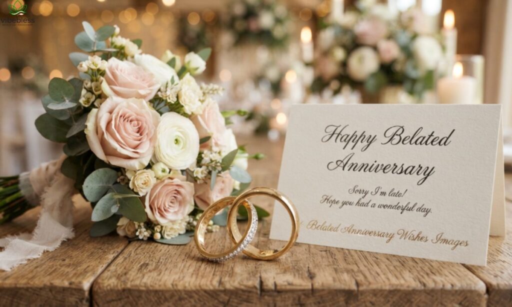 Belated Anniversary Wishes Images with wedding rings and flowers