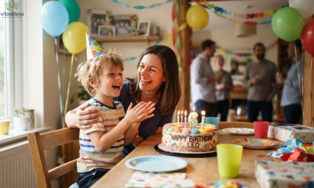 Cheerful niece boy celebrating his birthday with family