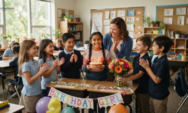 Birthday wishes for teacher during a warm classroom birthday celebration