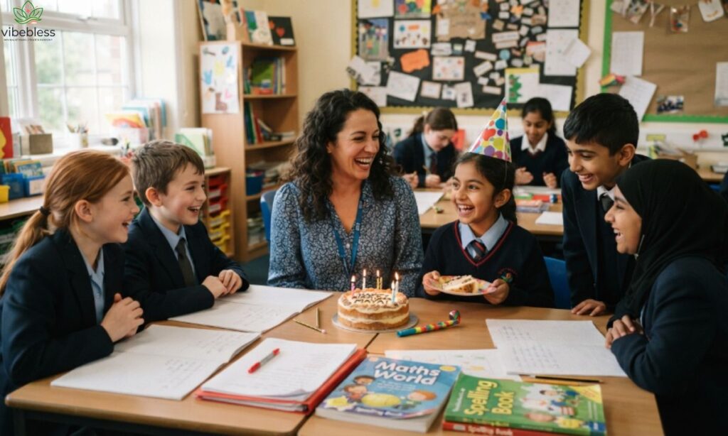 Funny birthday wishes for teacher during a cheerful classroom celebration