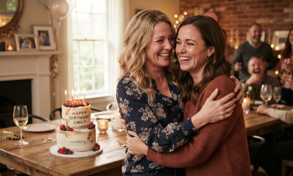 Female cousins sharing a heartfelt birthday celebration