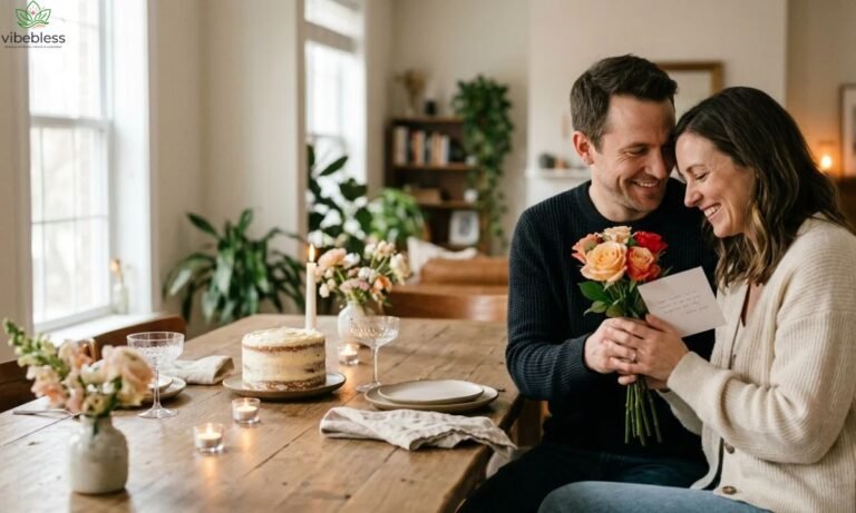 Belated anniversary wishes featuring a married couple sharing roses and a romantic anniversary celebration at home.