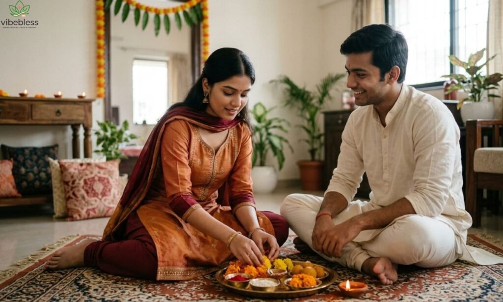 Best Bhai Dooj wishes for brothers represented by a sister preparing a traditional tilak ceremony at home.