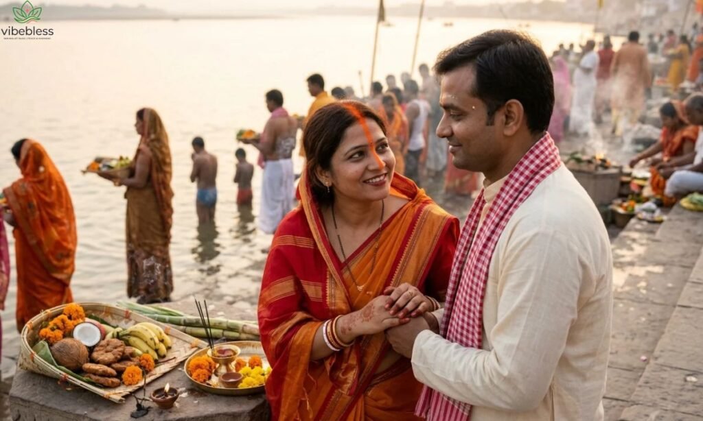 Best Chhath Puja wishes for husband represented by a loving Indian couple sharing a heartfelt moment at a riverside ghat