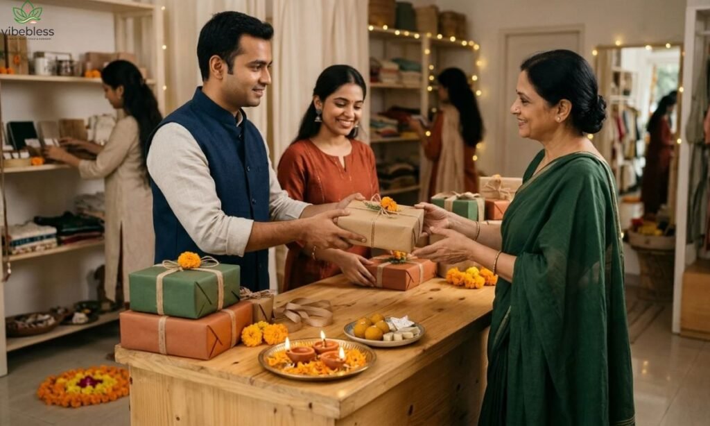 Diwali wishes for customers illustrated by a business team preparing festive gifts and traditional diyas.