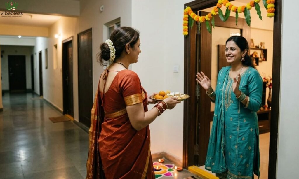  Best Diwali wishes for neighbors illustrated by two women exchanging traditional sweets at a decorated doorway
