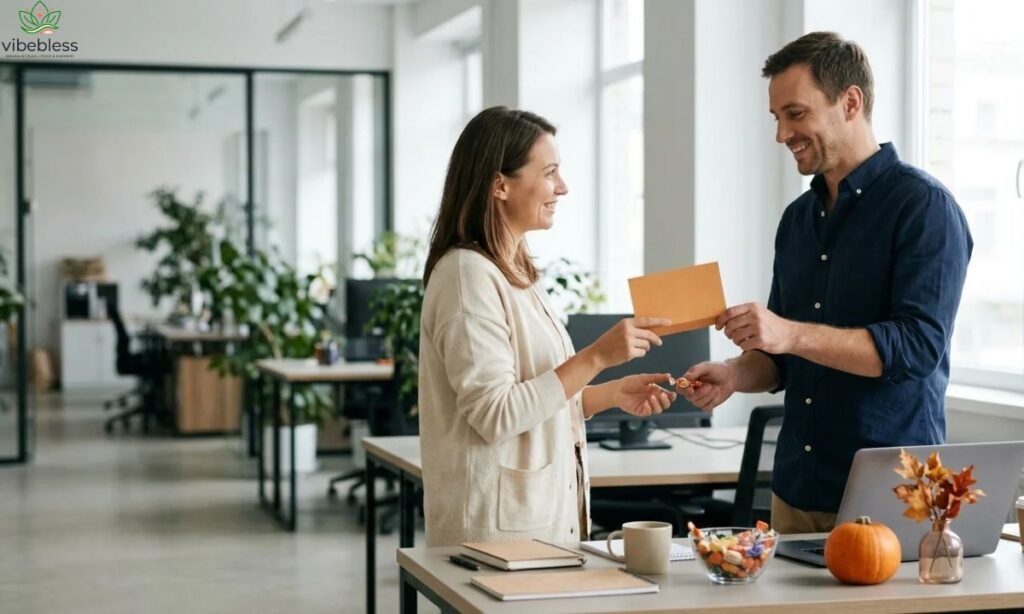 Best Halloween wishes for coworkers shown through colleagues exchanging a blank greeting card and candy