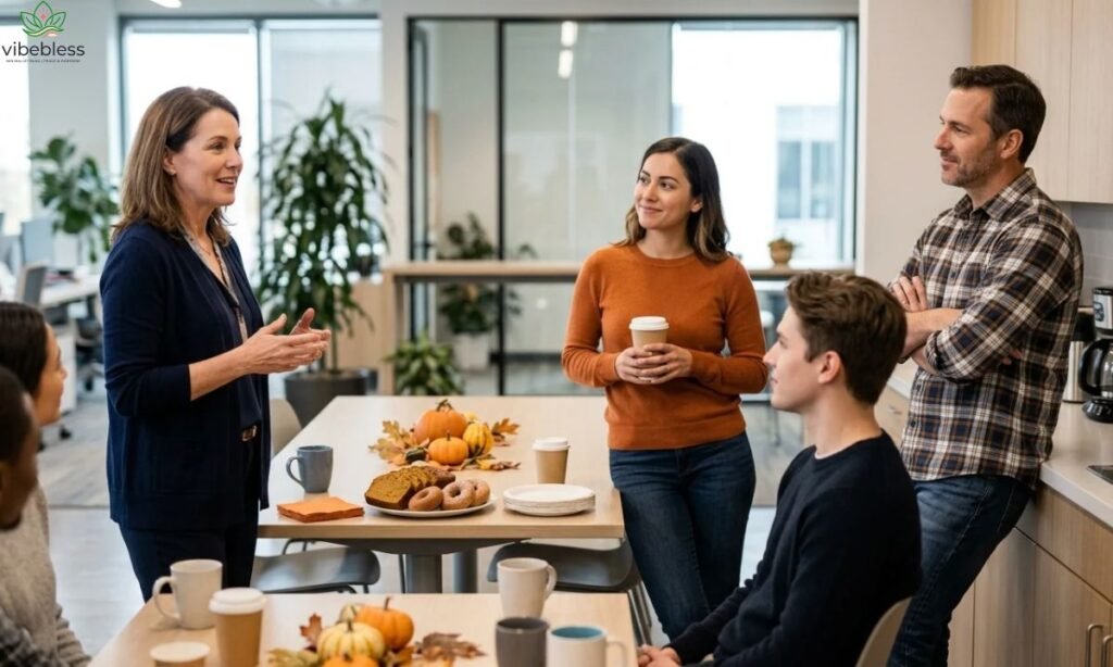 Thanksgiving wishes for employees as a manager expresses gratitude to the team during an office gathering.
