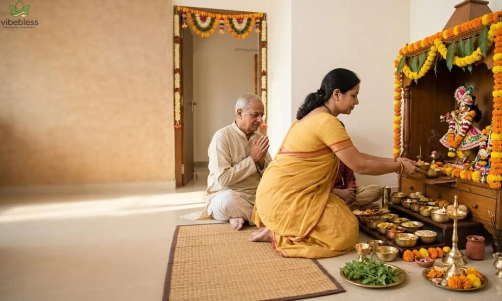 Devotional Annakut wishes to express gratitude to Lord Krishna, shown through a devotee praying beside a traditional bhog offering.