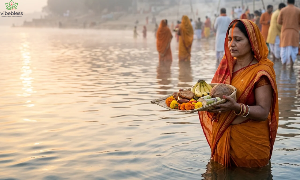 Devotional Chhath Puja wishes for mother represented by an Indian mother praying to the rising sun beside a river with traditional puja offerings.