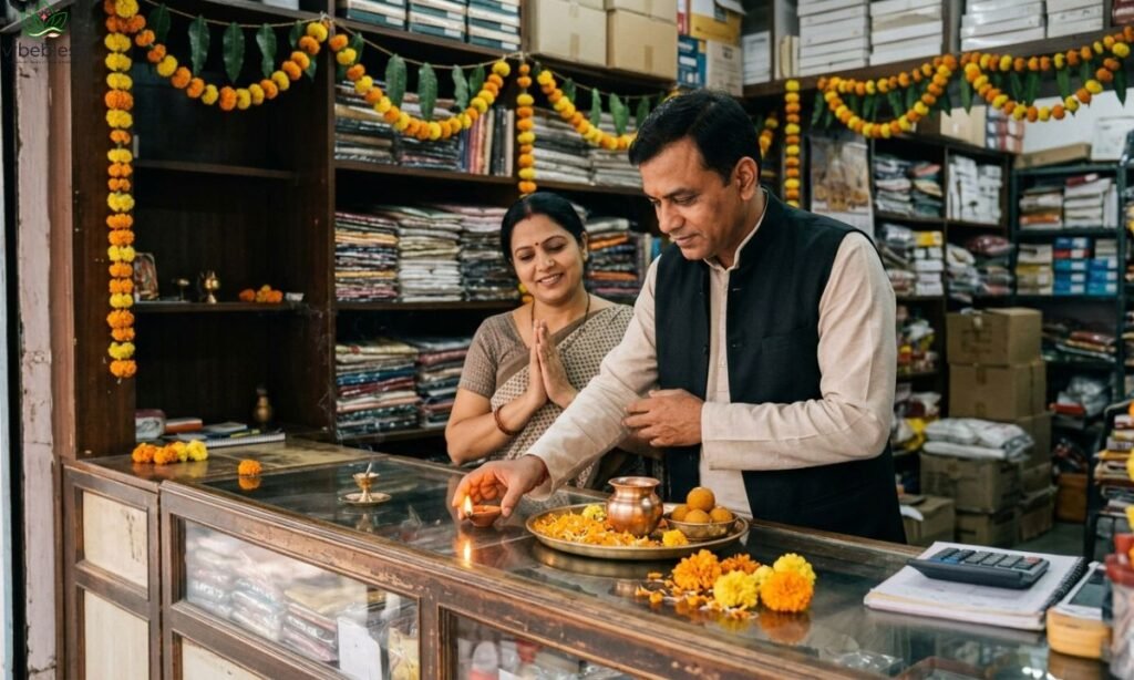 Dhanteras wishes for business owners showing an Indian shop owner lighting a diya beside a traditional festive puja plate.