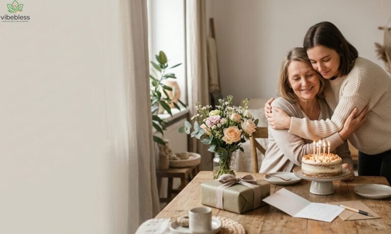 Emotional birthday wishes represented by a heartfelt birthday hug, fresh flowers, a birthday cake, and a thoughtful gift.