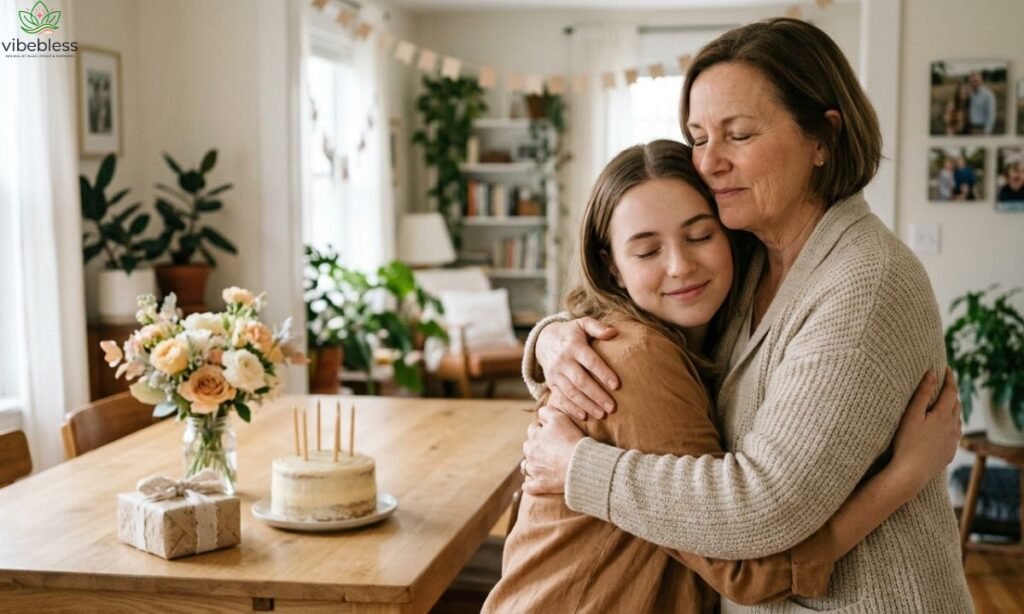 Emotional birthday wishes for daughters represented by a loving parent embracing their daughter during a warm birthday celebration.
