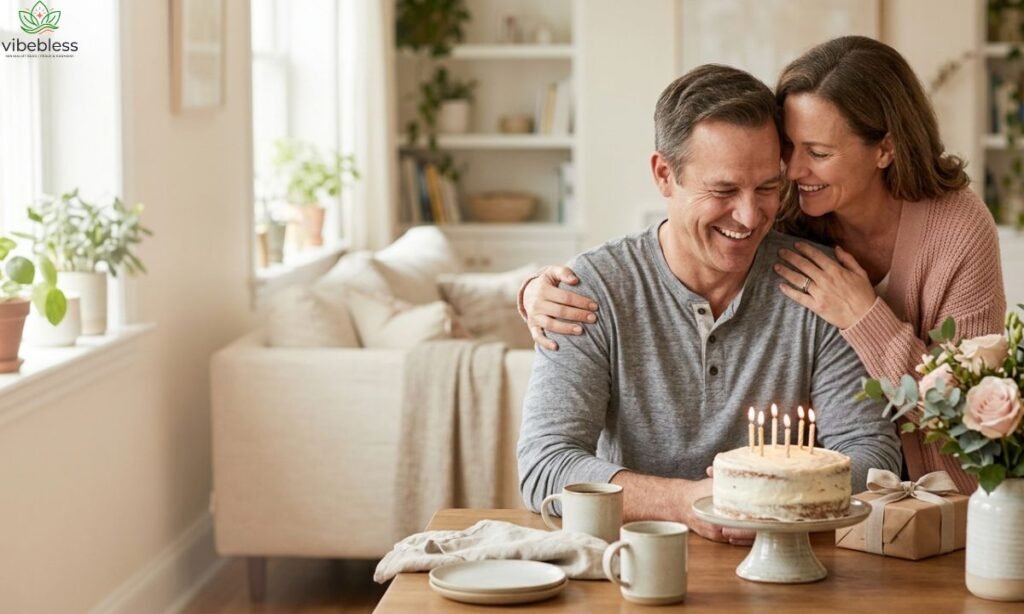 Emotional birthday wishes for husband illustrated by a married couple sharing a loving birthday embrace beside a cake and flowers.
