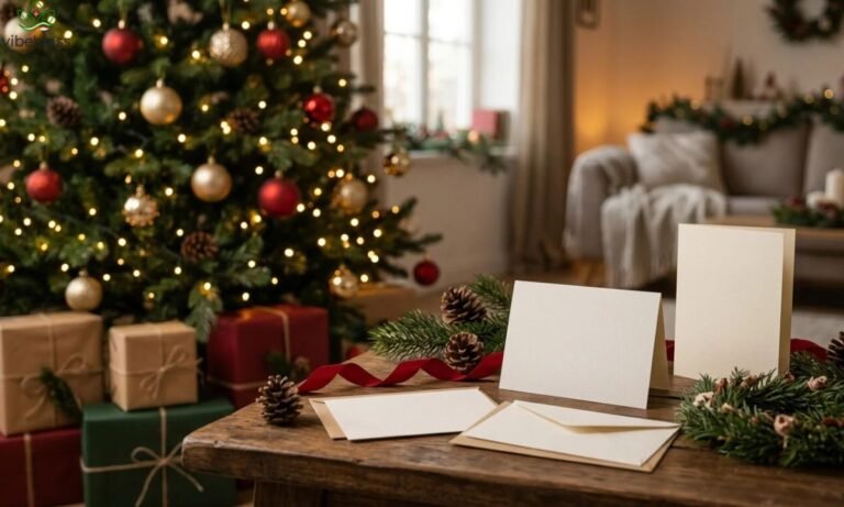 Festive wishes and Christmas messages featuring a decorated Christmas tree, wrapped gifts, and blank holiday greeting cards