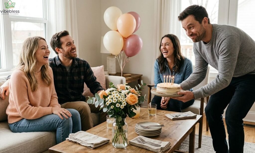  Funny belated anniversary wishes represented by friends surprising a married couple with a cake and sharing a joyful laugh.

