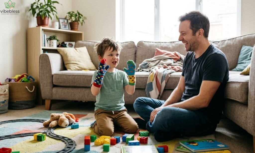 Funny Children’s Day wishes for son illustrated by a playful boy sharing a silly moment with his laughing father.