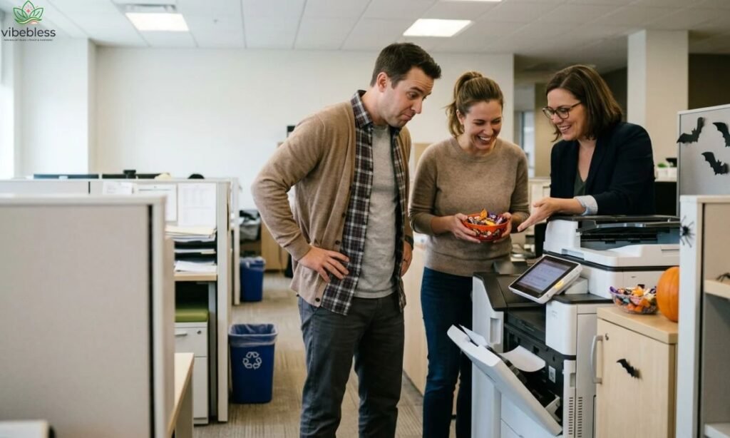 Funny Halloween wishes for coworkers illustrated by colleagues laughing over a jammed office printer