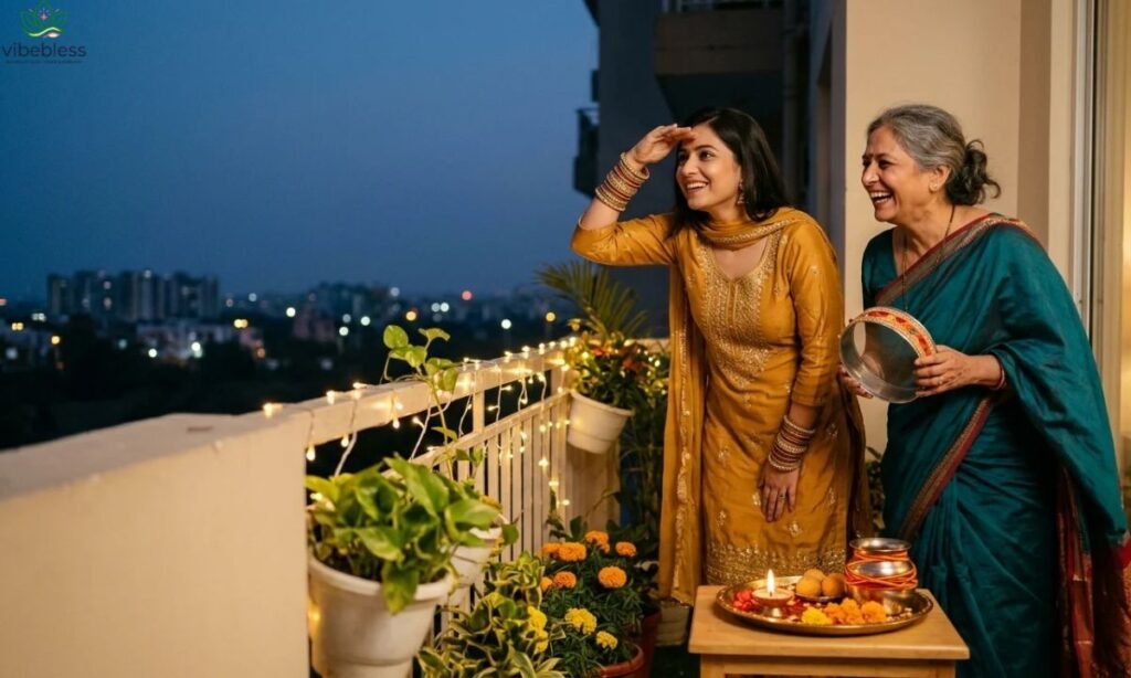 Funny Karwa Chauth wishes for mother-in-law illustrated by a daughter-in-law sharing a playful moon-watching moment with her.