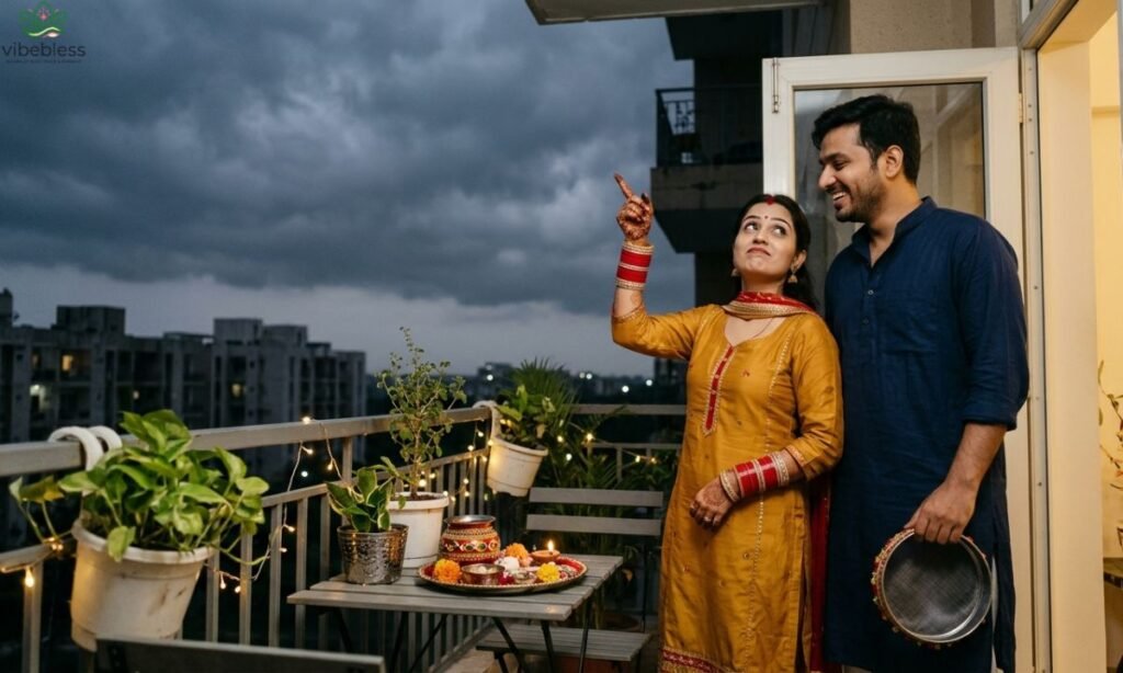 Funny Karwa Chauth wishes for newly married couples showing a husband and wife playfully waiting for the moon together.