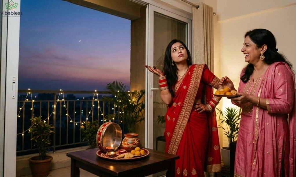 : Funny Karwa Chauth wishes for sister-in-law illustrated by two women laughing while waiting for moonrise
