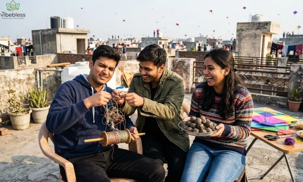 Funny Makar Sankranti wishes and messages represented by friends laughing over tangled kite strings and traditional sesame sweets.