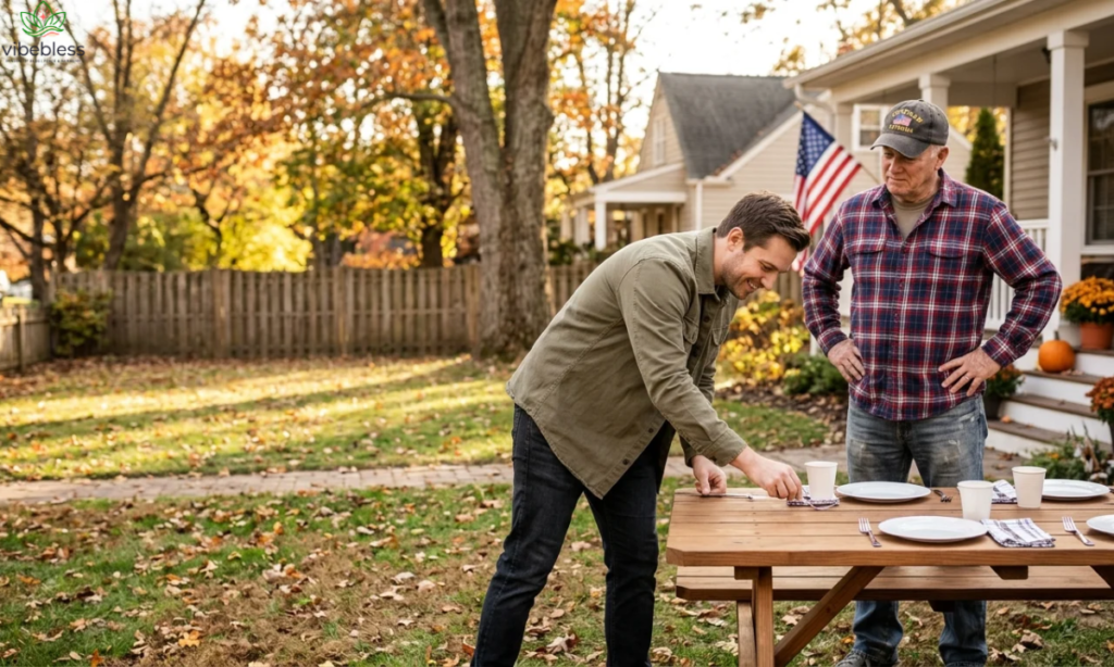 Funny Veterans Day wishes for Dad illustrated by a veteran father sharing a playful moment with his son.