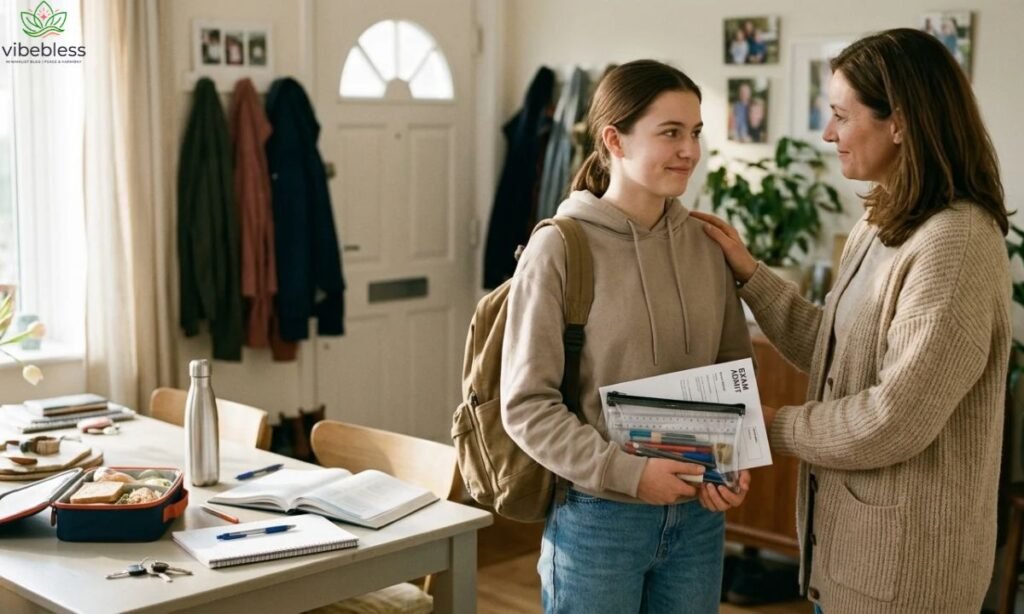 Good luck exam wishes for daughter showing a parent encouraging her before an exam