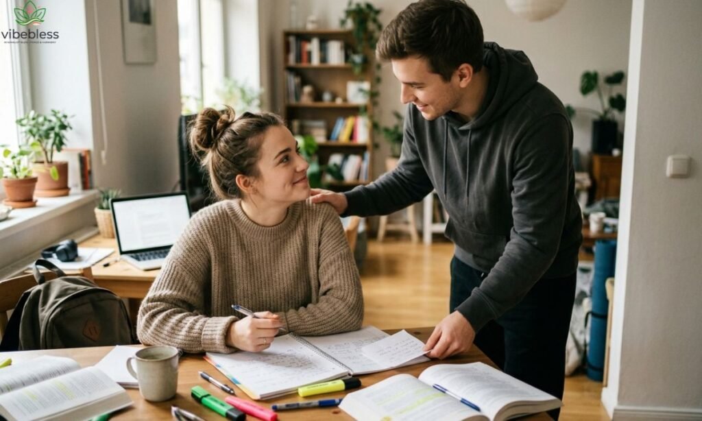 Good luck exam wishes for lover showing a couple supporting each other before an exam
