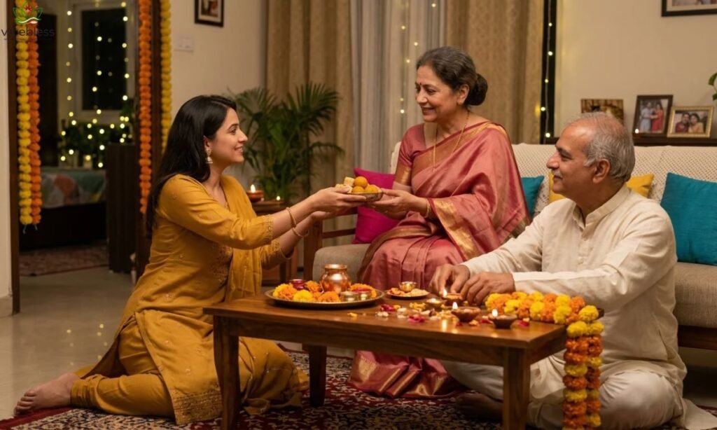 Happy Dhanteras wishes for a family represented by an Indian daughter celebrating the festival with her parents and traditional diyas.
