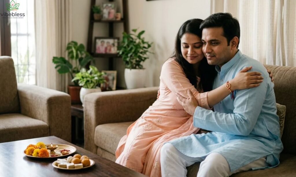 Heart-touching Rakhi wishes for siblings represented by a brother and sister sharing an emotional Raksha Bandhan moment