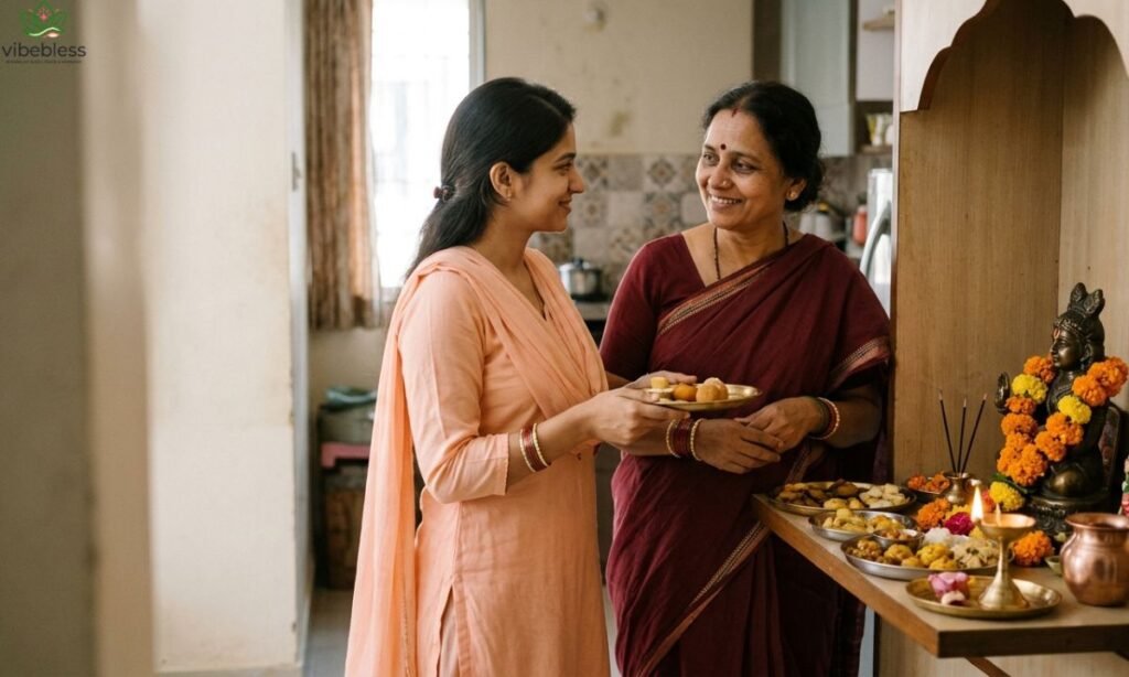 Heartfelt Annakut wishes in Hindi and English represented by an Indian mother and daughter sharing prasad during the festival.