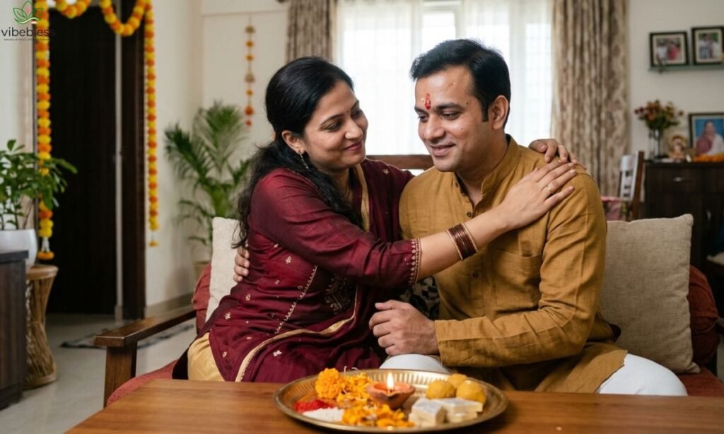 Heartfelt Bhai Dooj wishes for a brother represented by a sister sharing a loving moment with her brother after the tilak ceremony.