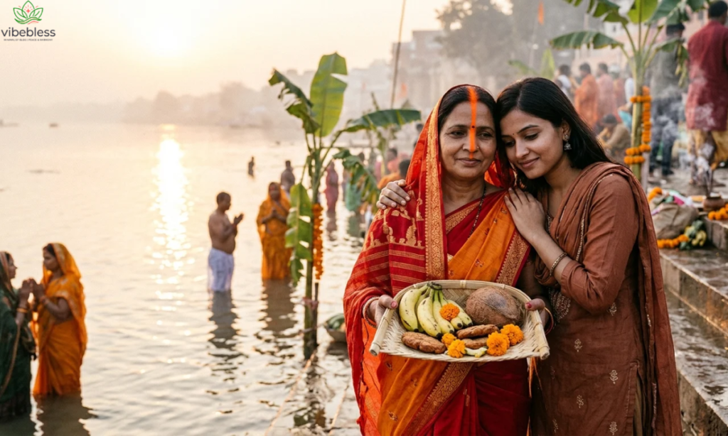 Heartfelt Chhath Puja wishes for mother illustrated by an Indian daughter lovingly embracing her mother at a sunrise puja ghat.