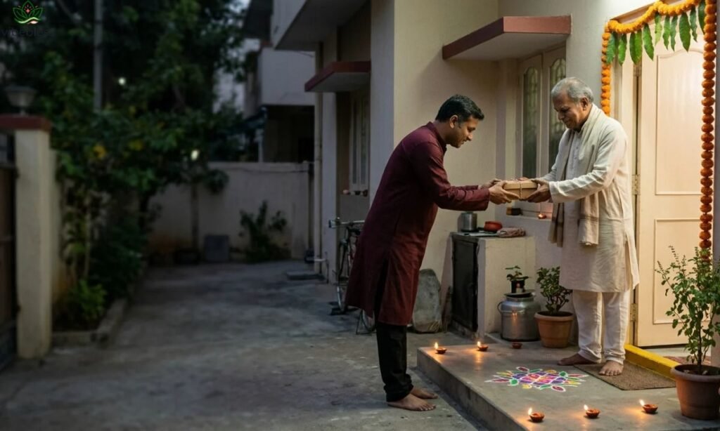 Heartfelt Diwali wishes for landlord shown through a tenant giving traditional sweets to an older landlord at a decorated home entrance.