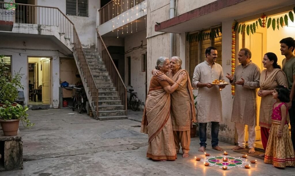 Heartfelt Diwali wishes for neighbors represented by neighboring families sharing sweets and a warm embrace
