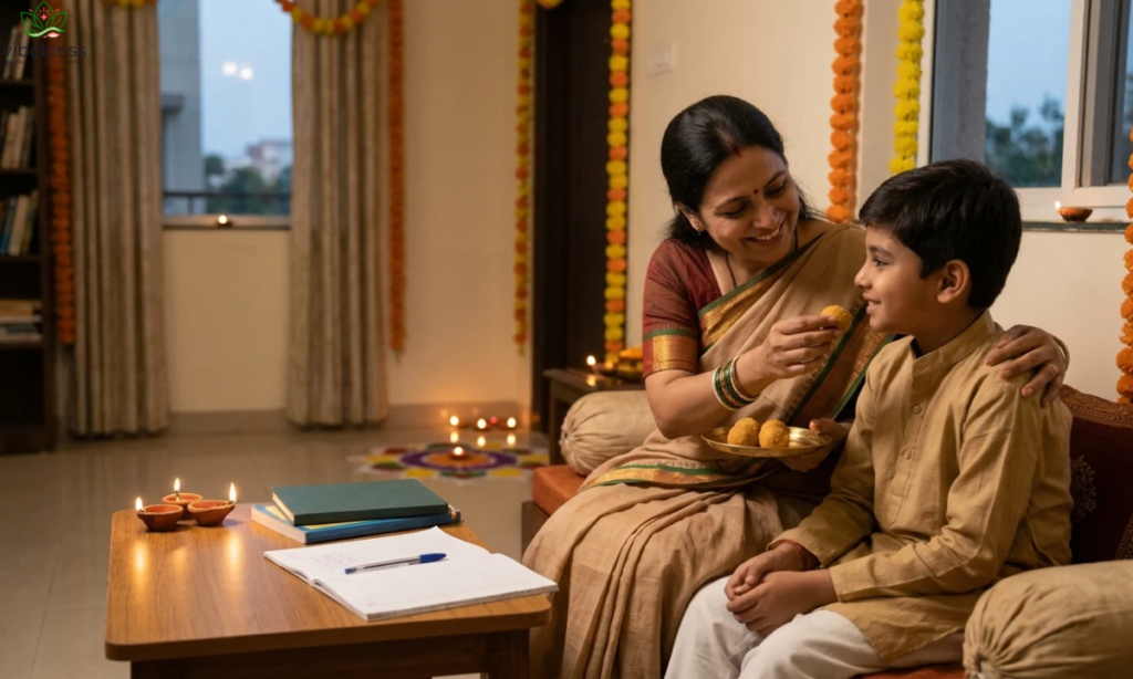 Heartfelt Diwali wishes for students represented by an Indian mother sharing sweets and a loving moment with her child during Diwali.
