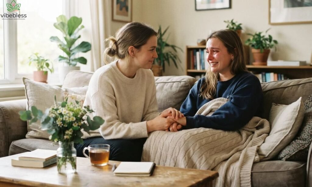 Heartfelt get well soon wishes for friend shown through a caring moment between close friends