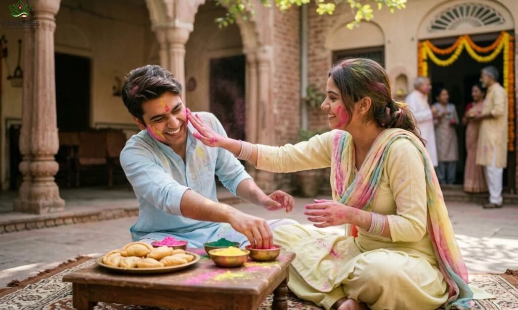  Heartfelt Holi wishes for brother represented by an Indian brother and sister sharing colorful gulal during a joyful family celebration.
