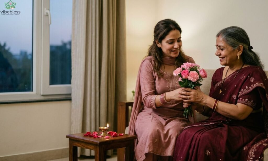 Heartfelt Karwa Chauth wishes for mother-in-law represented by a daughter-in-law giving her flowers.