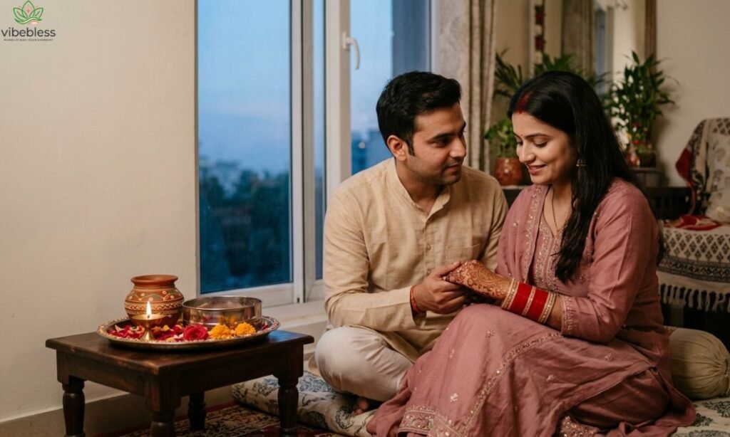Heartfelt Karwa Chauth wishes for newly married couples represented by a husband and wife sharing a loving moment before moonrise.