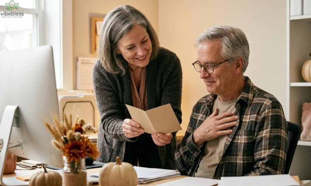 Heartfelt Thanksgiving wishes for employees represented by a manager thanking a long-serving team member with a card.

