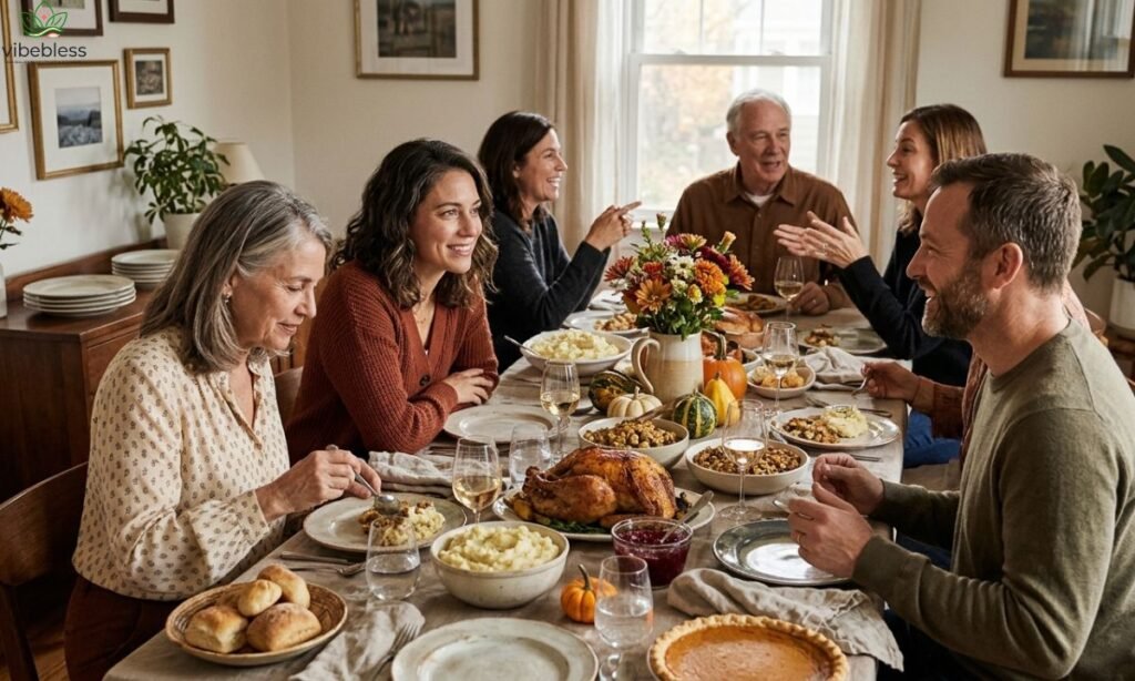 Heartfelt Thanksgiving wishes for friends and family represented by loved ones sharing a warm holiday meal together