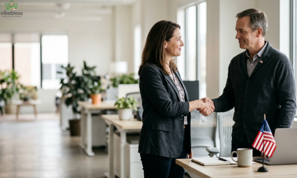 Heartfelt Veterans Day wishes for coworkers illustrated by one colleague sincerely thanking a veteran teammate.
