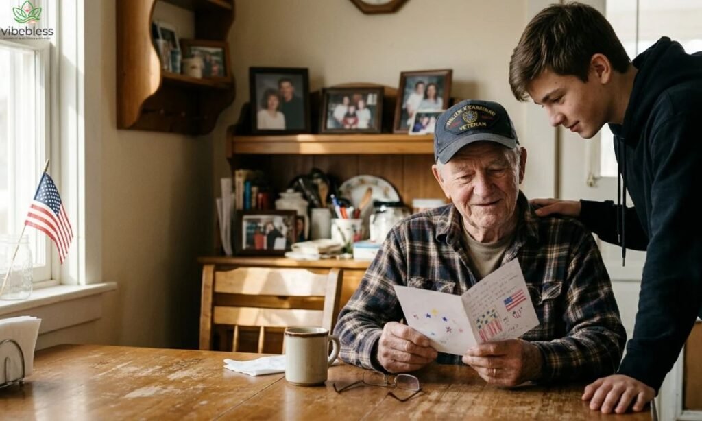 Heartfelt Veterans Day wishes for Grandpa shown through a grandchild giving a greeting card to a beloved veteran grandfather.