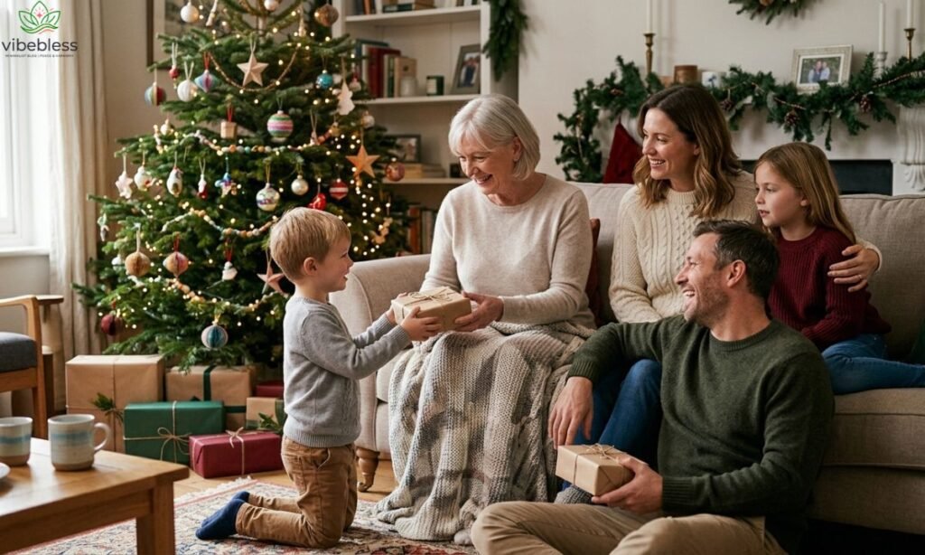 Heartwarming Christmas wishes and messages represented by a family sharing gifts and enjoying a cozy Christmas gathering