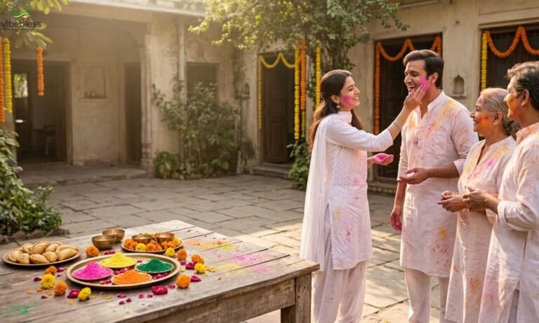Holi festival wishes featuring friends and family celebrating with colorful gulal, flower petals, and traditional Indian sweets.