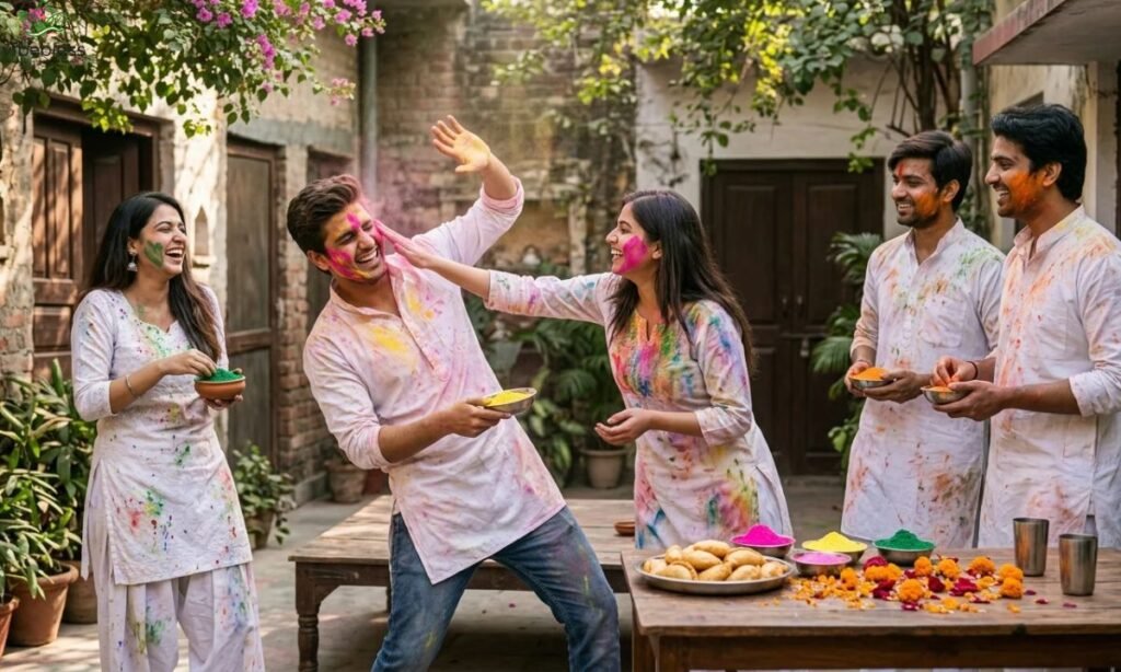  Holi festival wishes for friends featuring a group of Indian friends laughing and celebrating with colorful gulal in a courtyard.

