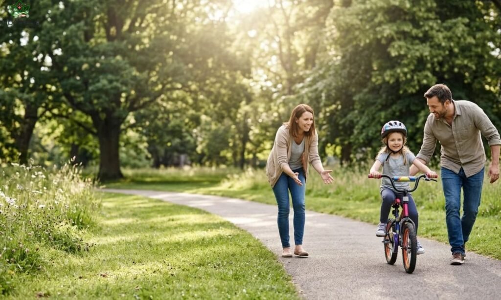 Inspirational Children's Day wishes for daughter represented by parents encouraging their little girl to learn bicycle riding.