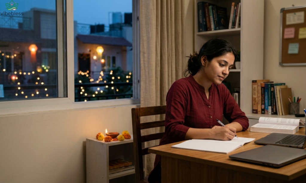 Inspirational Diwali wishes for students represented by a college student writing personal goals beside a traditional diya during Diwali.
